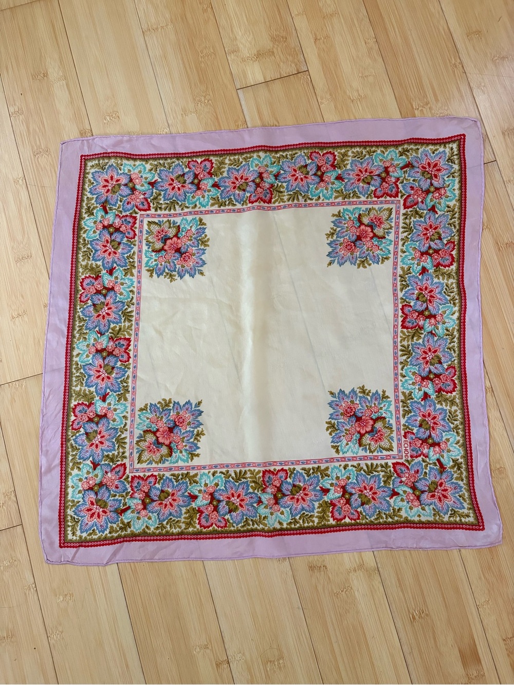 Floral Border Silk Scarf in Lilac, Cream, Pink & Blue Vintage